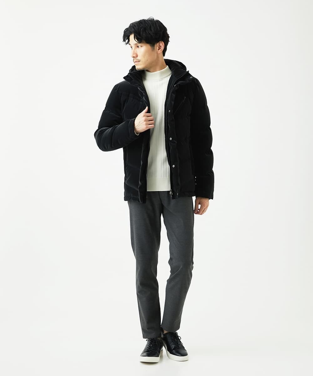 MKJAD22450 MK MICHEL KLEIN HOMME(MKミッシェルクランオム) 【滑らかな質感/フード着脱可能】TECベロアストレッチ ダウンブルゾン ブラック