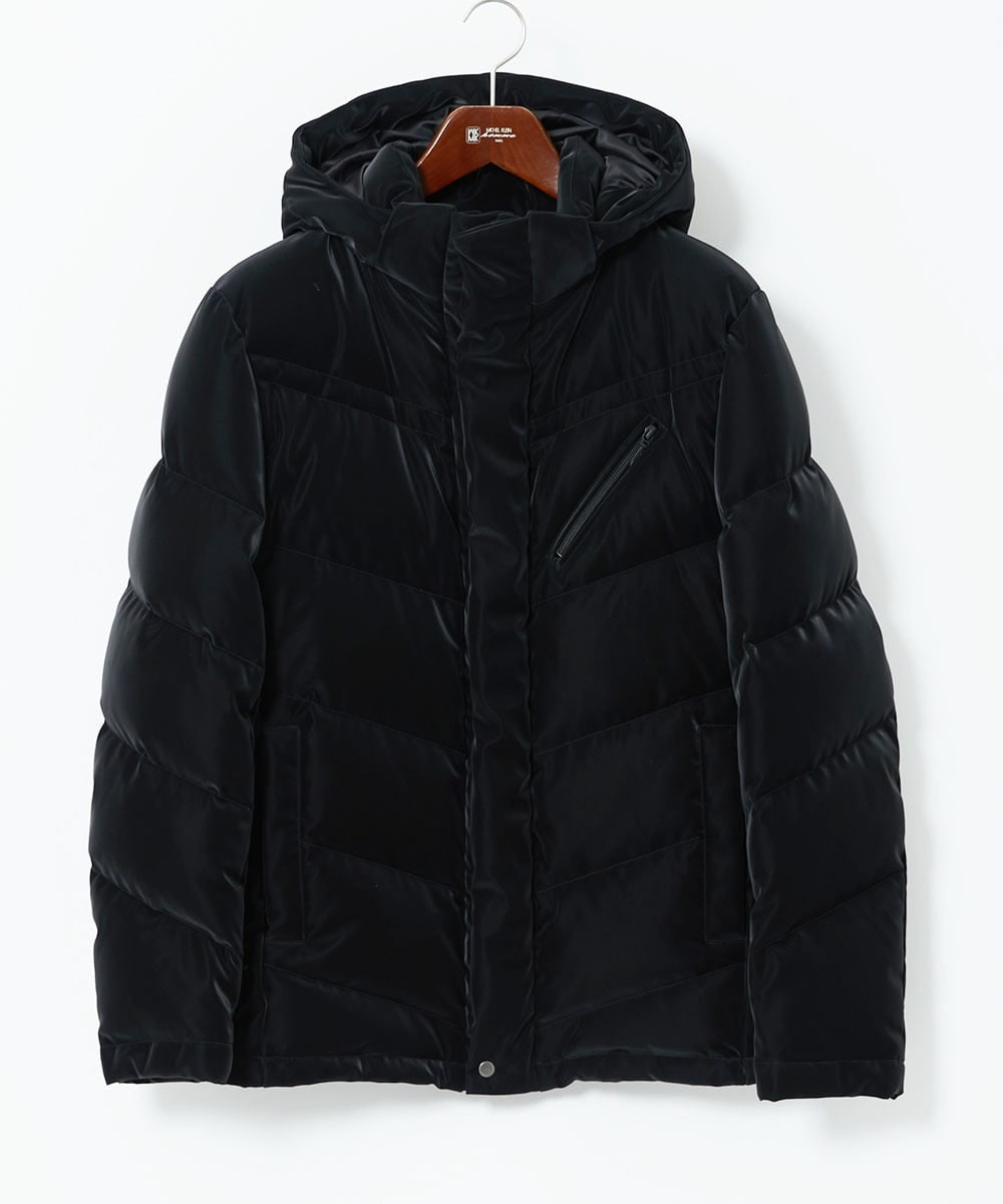 MKJAD22450 MK MICHEL KLEIN HOMME(MKミッシェルクランオム) 【滑らかな質感/フード着脱可能】TECベロアストレッチ ダウンブルゾン ブラック