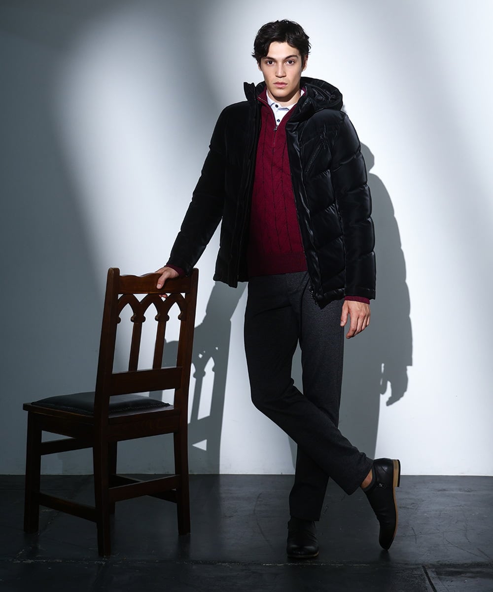 MKJAD22450 MK MICHEL KLEIN HOMME(MKミッシェルクランオム) 【滑らかな質感/フード着脱可能】TECベロアストレッチ ダウンブルゾン ブラック