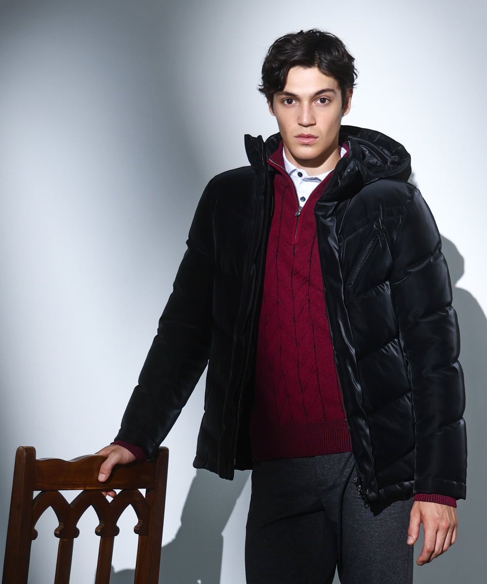 MKJAD22450 MK MICHEL KLEIN HOMME(MKミッシェルクランオム) 【滑らかな質感/フード着脱可能】TECベロアストレッチ ダウンブルゾン ブラック