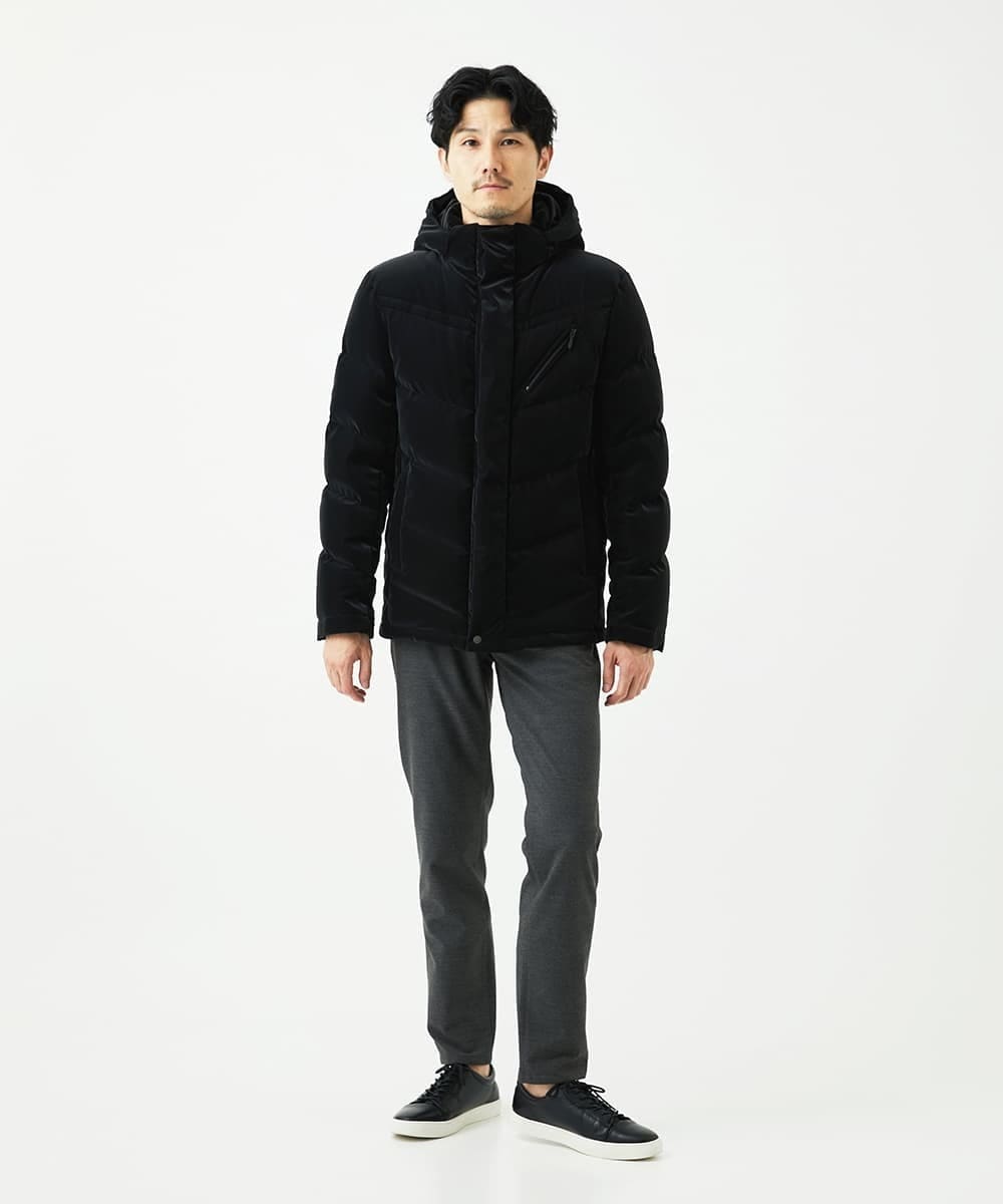 MKJAD22450 MK MICHEL KLEIN HOMME(MKミッシェルクランオム) 【滑らかな質感/フード着脱可能】TECベロアストレッチ ダウンブルゾン ブラック