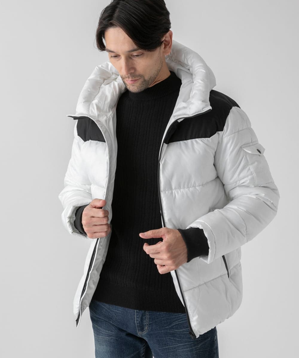MKJAD80150 MK MICHEL KLEIN HOMME(MKミッシェルクランオム) 【中綿ブルゾン】フーテッドシャイニーブルゾン ホワイト