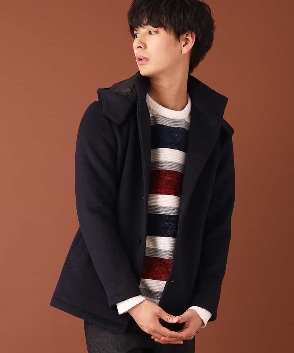 MKJAJ20190 MK MICHEL KLEIN HOMME(MKミッシェルクランオム) フード付きコート／ブリティッシュWフェイス ネイビー
