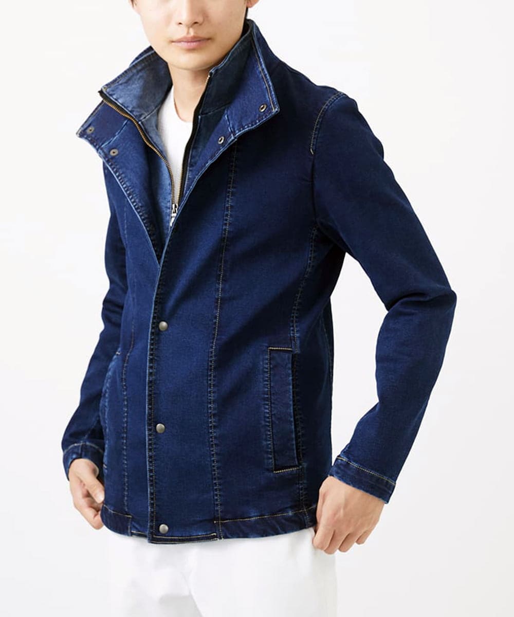 MKJDC02290 MK MICHEL KLEIN HOMME(MKミッシェルクランオム) 【秋/春兼用／ストレッチ】ダブルカラーデニムブルゾン ブルー