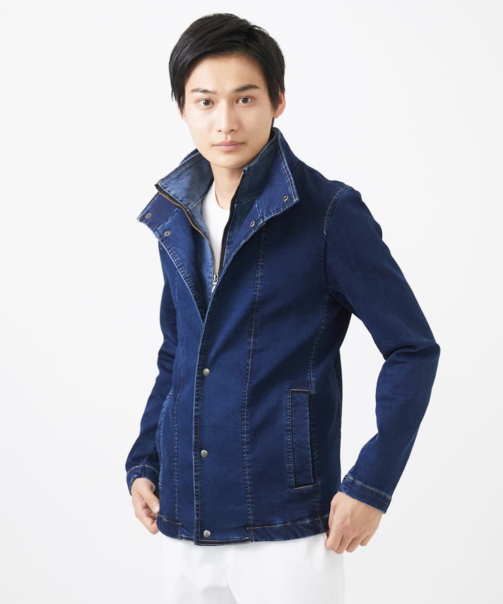 MKJDC02290 MK MICHEL KLEIN HOMME(MKミッシェルクランオム) 【秋/春兼用／ストレッチ】ダブルカラーデニムブルゾン ブルー