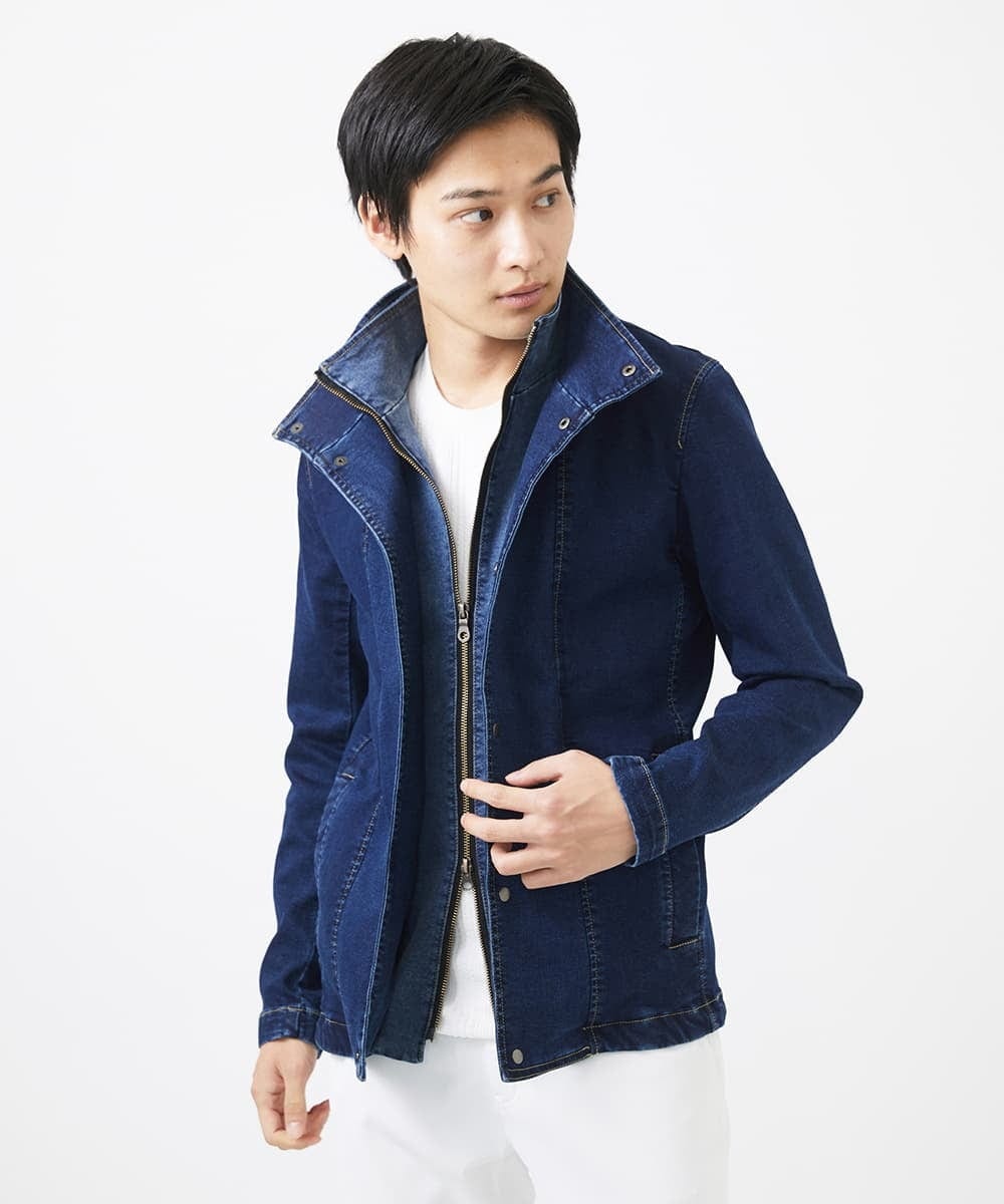 MKJDC02290 MK MICHEL KLEIN HOMME(MKミッシェルクランオム) 【秋/春兼用／ストレッチ】ダブルカラーデニムブルゾン ブルー