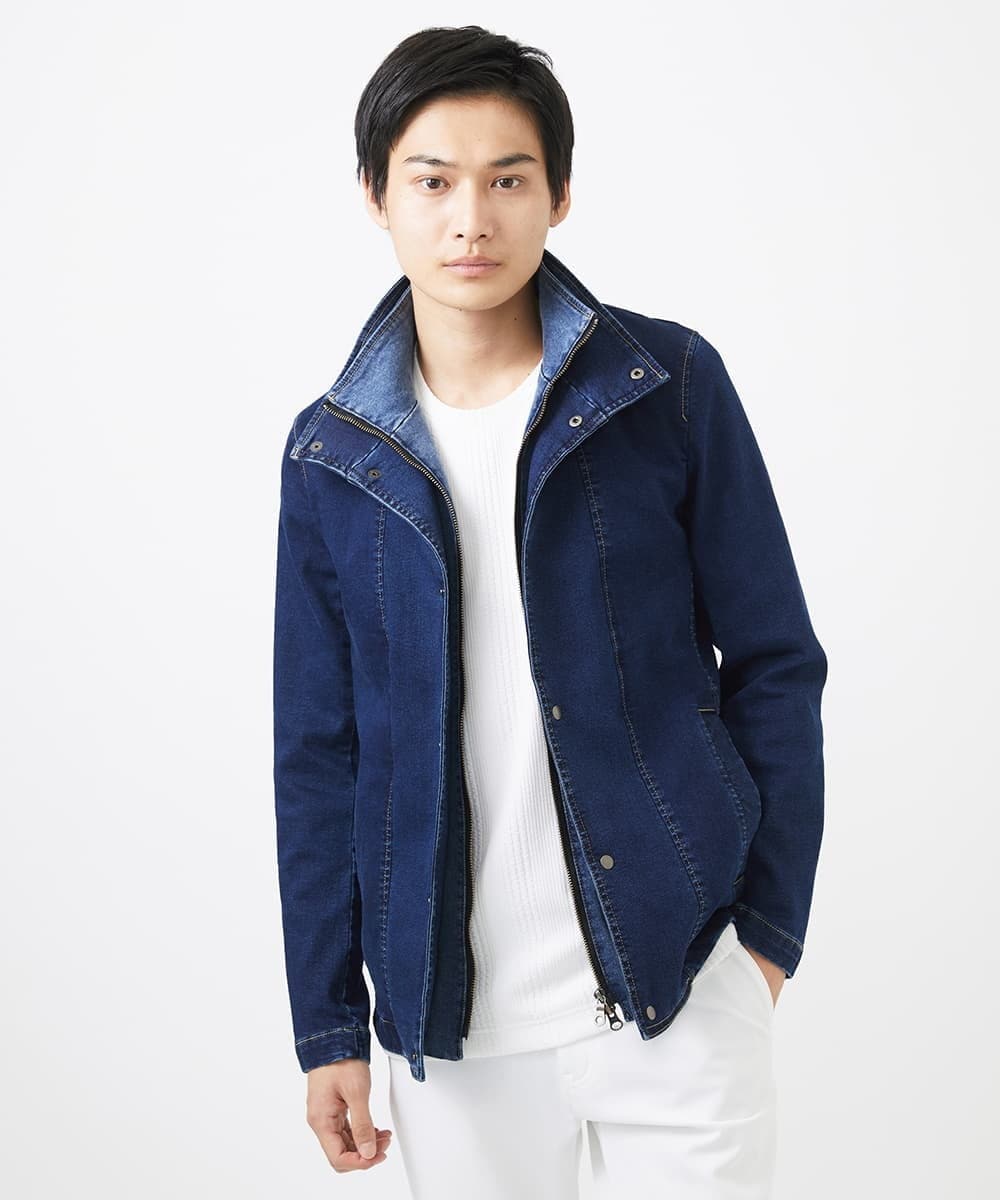 MKJDC02290 MK MICHEL KLEIN HOMME(MKミッシェルクランオム) 【秋/春兼用／ストレッチ】ダブルカラーデニムブルゾン ブルー
