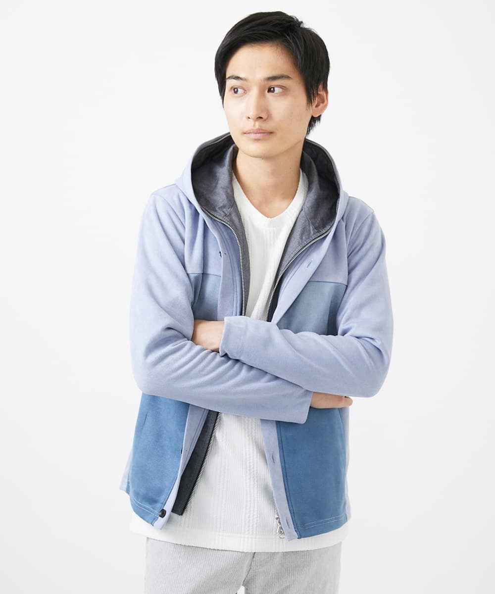 MKJDC36150 MK MICHEL KLEIN HOMME(MKミッシェルクランオム) 【洗える】スエードジャージ / フェイクレイヤードパーカー ライトブルー