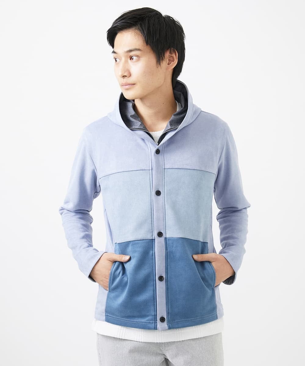 MKJDC36150 MK MICHEL KLEIN HOMME(MKミッシェルクランオム) 【洗える】スエードジャージ / フェイクレイヤードパーカー ライトブルー