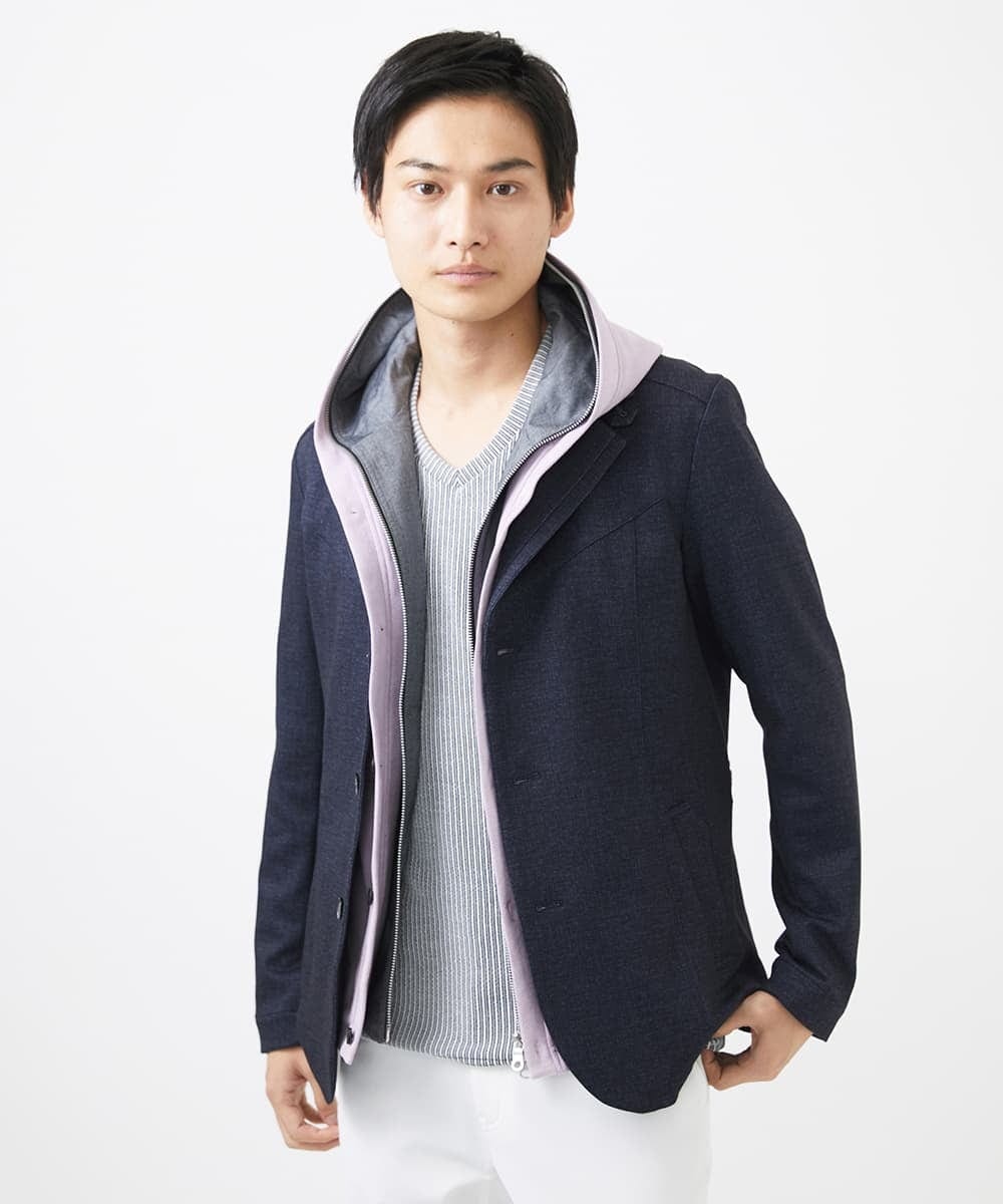 MKJDC36150 MK MICHEL KLEIN HOMME(MKミッシェルクランオム) 【洗える】スエードジャージ / フェイクレイヤードパーカー ライトブルー