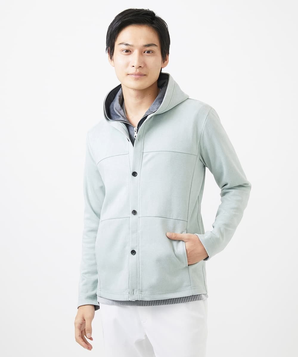 MKJDC36150 MK MICHEL KLEIN HOMME(MKミッシェルクランオム) 【洗える】スエードジャージ / フェイクレイヤードパーカー ライトブルー