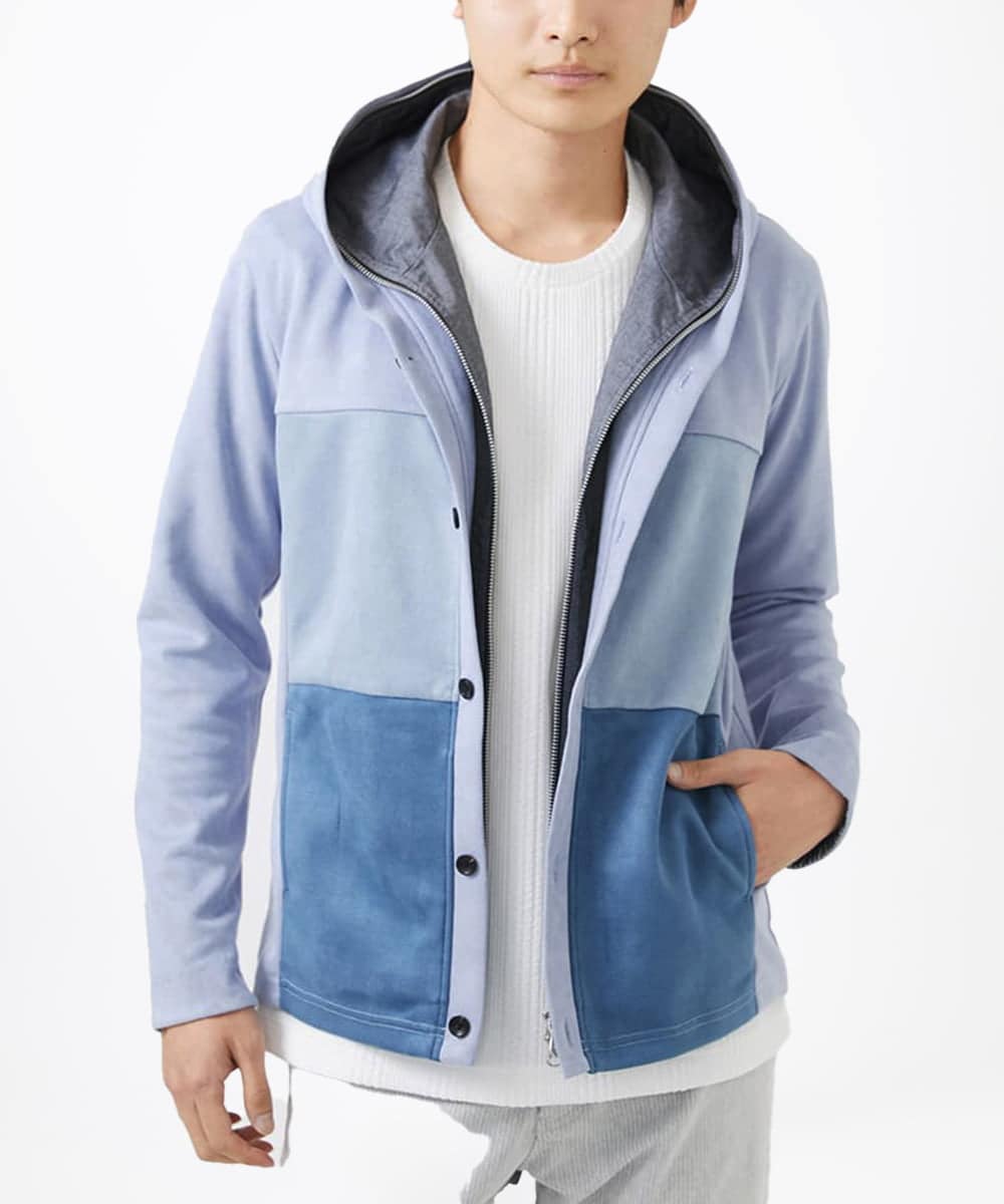 MKJDC36150 MK MICHEL KLEIN HOMME(MKミッシェルクランオム) 【洗える】スエードジャージ / フェイクレイヤードパーカー ライトブルー