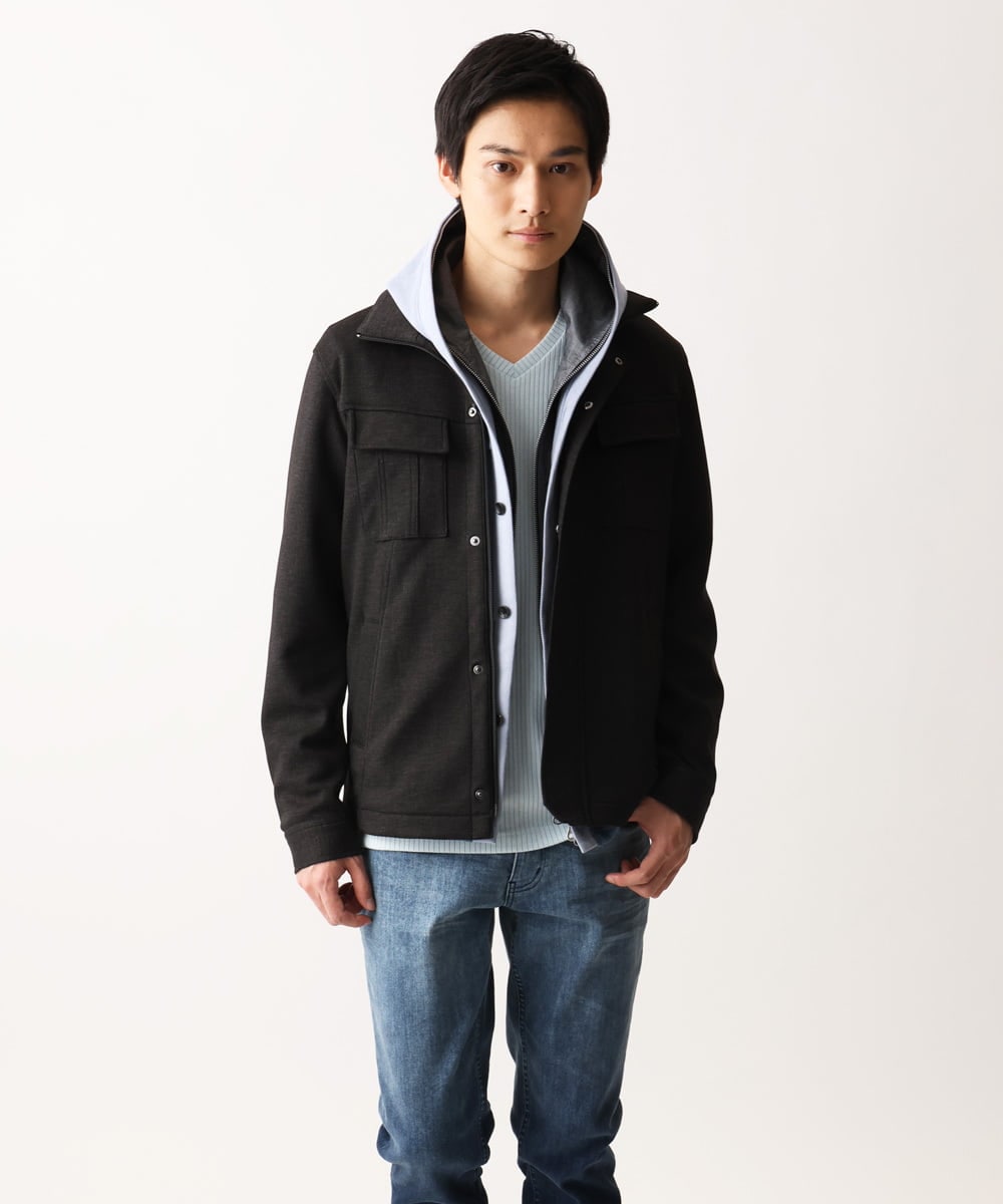 MKJDC36150 MK MICHEL KLEIN HOMME(MKミッシェルクランオム) 【洗える】スエードジャージ / フェイクレイヤードパーカー ライトブルー