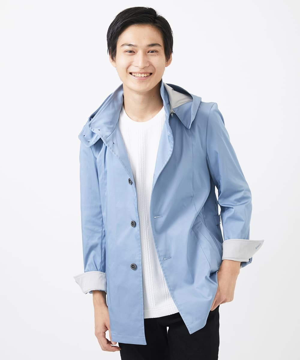 MKJGC12190 MK MICHEL KLEIN HOMME(MKミッシェルクランオム) 【残りわずか！/在庫限り/秋春着用可能】フード着脱ショートコート ライトブルー