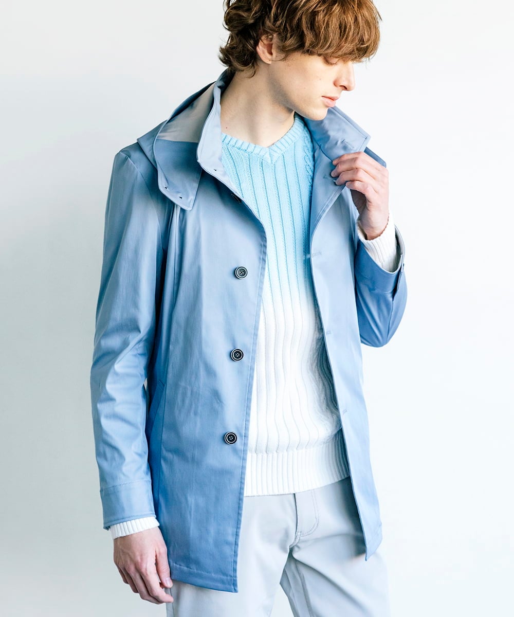 MKJGC12190 MK MICHEL KLEIN HOMME(MKミッシェルクランオム) 【残りわずか！/在庫限り/秋春着用可能】フード着脱ショートコート ライトブルー