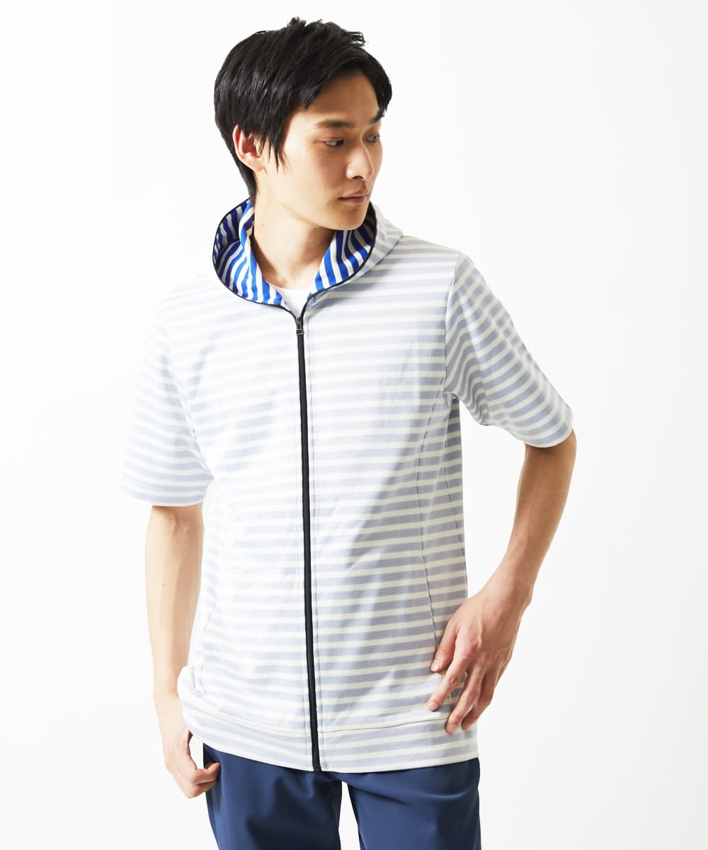 MKJGC17110 MK MICHEL KLEIN HOMME(MKミッシェルクランオム) 【吸水性・伸縮性◎】バッグリップボーダーパーカー ブルー