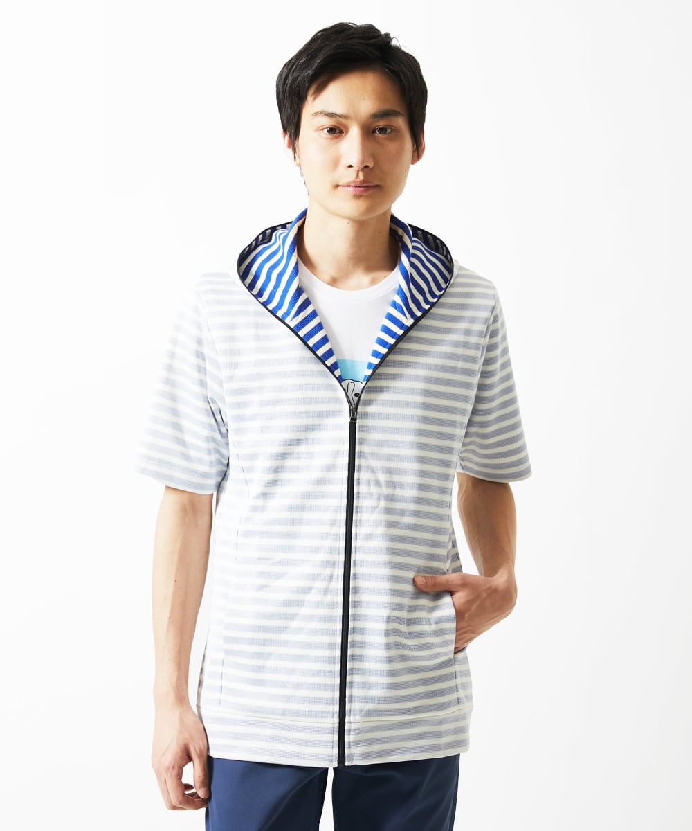MKJGC17110 MK MICHEL KLEIN HOMME(MKミッシェルクランオム) 【吸水性・伸縮性◎】バッグリップボーダーパーカー ブルー