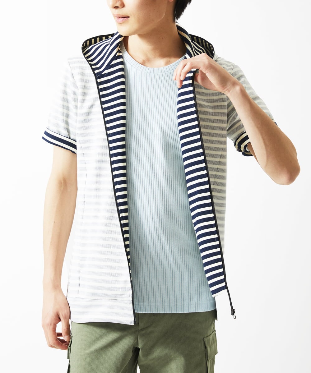 MKJGC17110 MK MICHEL KLEIN HOMME(MKミッシェルクランオム) 【吸水性・伸縮性◎】バッグリップボーダーパーカー ネイビー