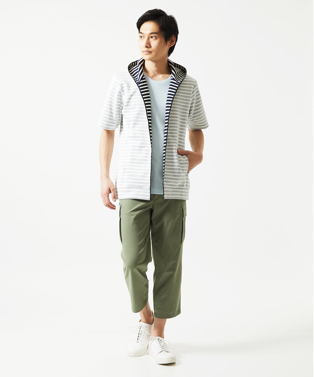 MKJGC17110 MK MICHEL KLEIN HOMME(MKミッシェルクランオム) 【吸水性・伸縮性◎】バッグリップボーダーパーカー ネイビー