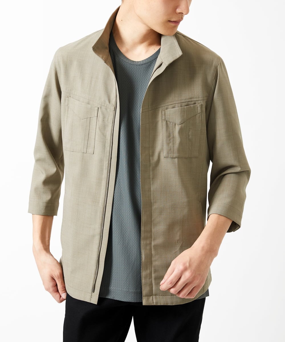 MKJGC66180 MK MICHEL KLEIN HOMME(MKミッシェルクランオム) 【洗える】 リネンタッチミリタリー七分袖シャツ カーキ