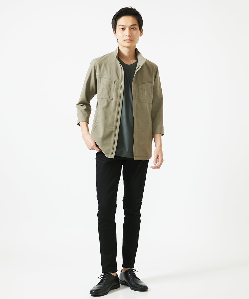 MKJGC66180 MK MICHEL KLEIN HOMME(MKミッシェルクランオム) 【洗える】 リネンタッチミリタリー七分袖シャツ カーキ