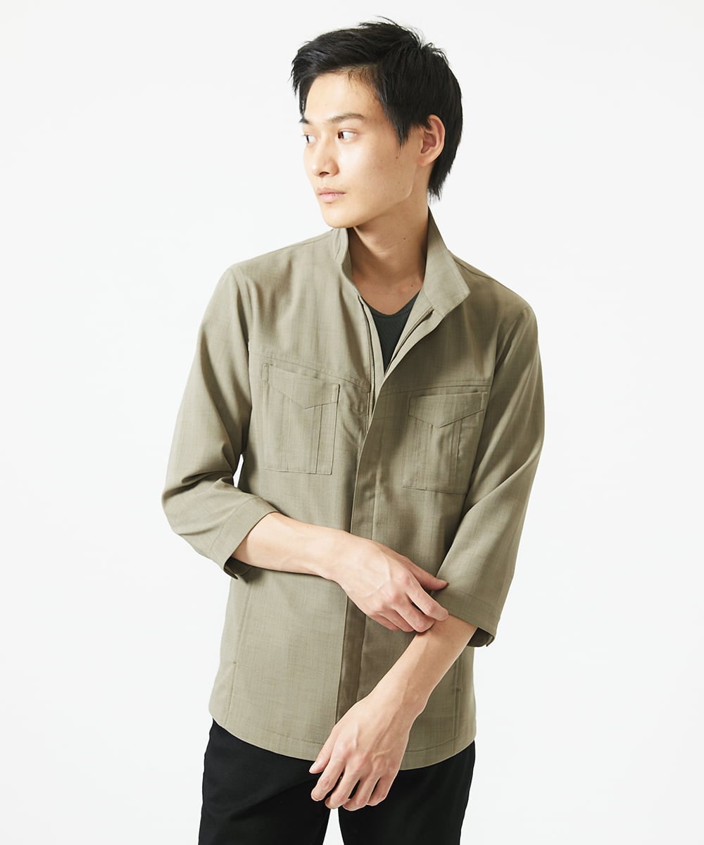 MKJGC66180 MK MICHEL KLEIN HOMME(MKミッシェルクランオム) 【洗える】 リネンタッチミリタリー七分袖シャツ カーキ