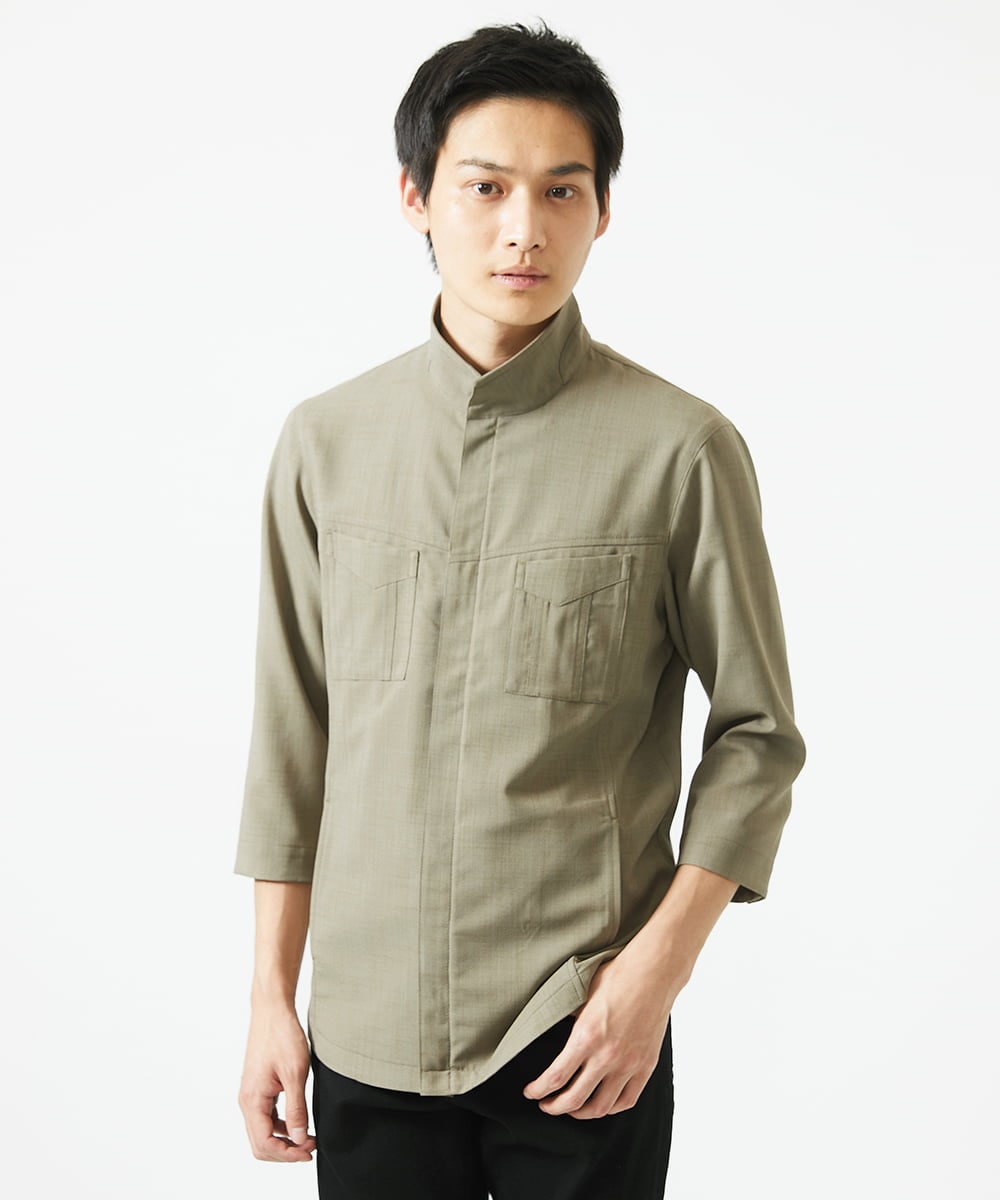 MKJGC66180 MK MICHEL KLEIN HOMME(MKミッシェルクランオム) 【洗える】 リネンタッチミリタリー七分袖シャツ カーキ