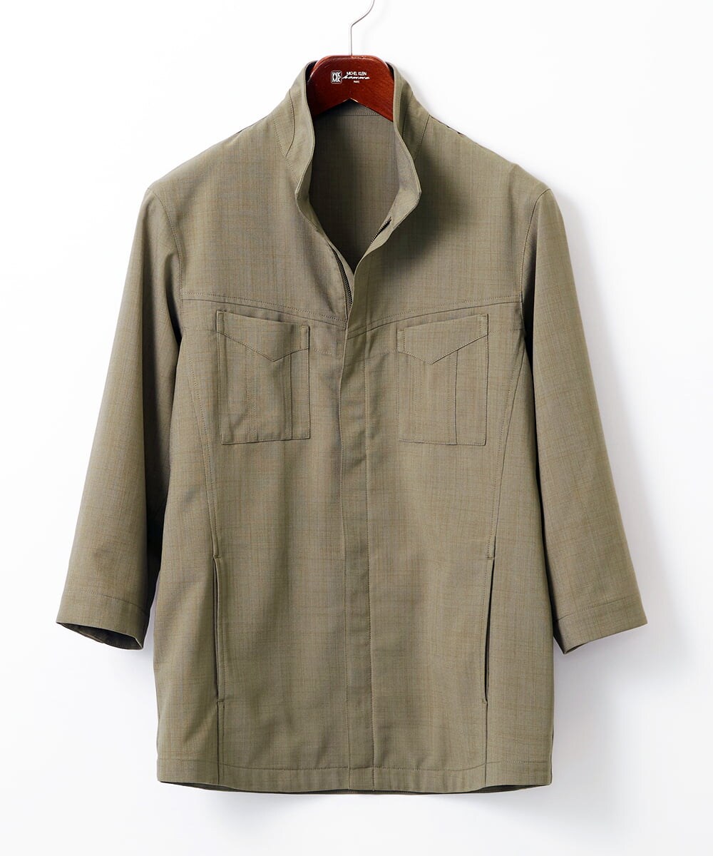 MKJGC66180 MK MICHEL KLEIN HOMME(MKミッシェルクランオム) 【洗える】 リネンタッチミリタリー七分袖シャツ カーキ