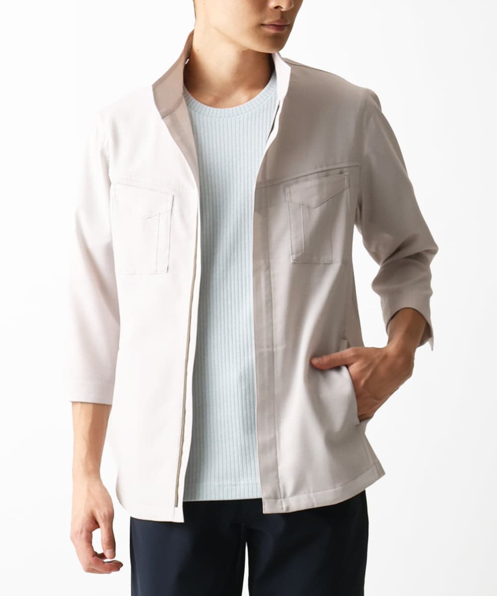 MKJGC66180 MK MICHEL KLEIN HOMME(MKミッシェルクランオム) 【洗える】 リネンタッチミリタリー七分袖シャツ ライトグレー