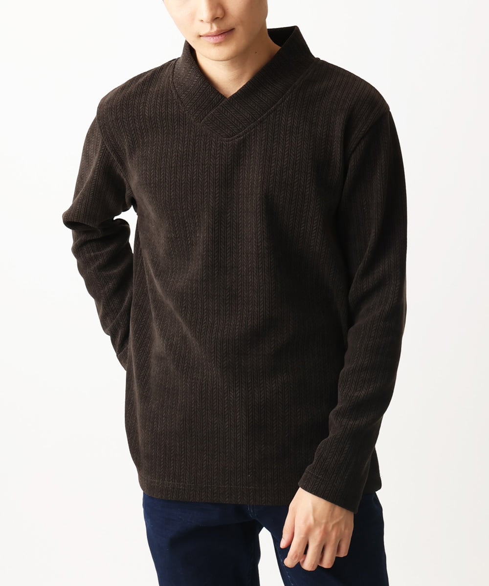 MKKAC27099 MK MICHEL KLEIN HOMME(MKミッシェルクランオム) ショールカラーカットソー / モールケーブル ブラウン