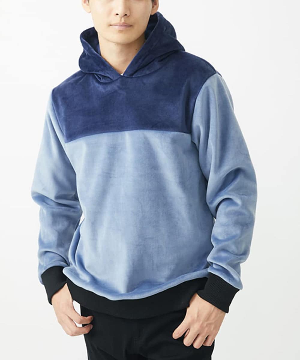 MKKAC29099 MK MICHEL KLEIN HOMME(MKミッシェルクランオム) プルオーバーパーカー/マイクロベロア  ライトブルー