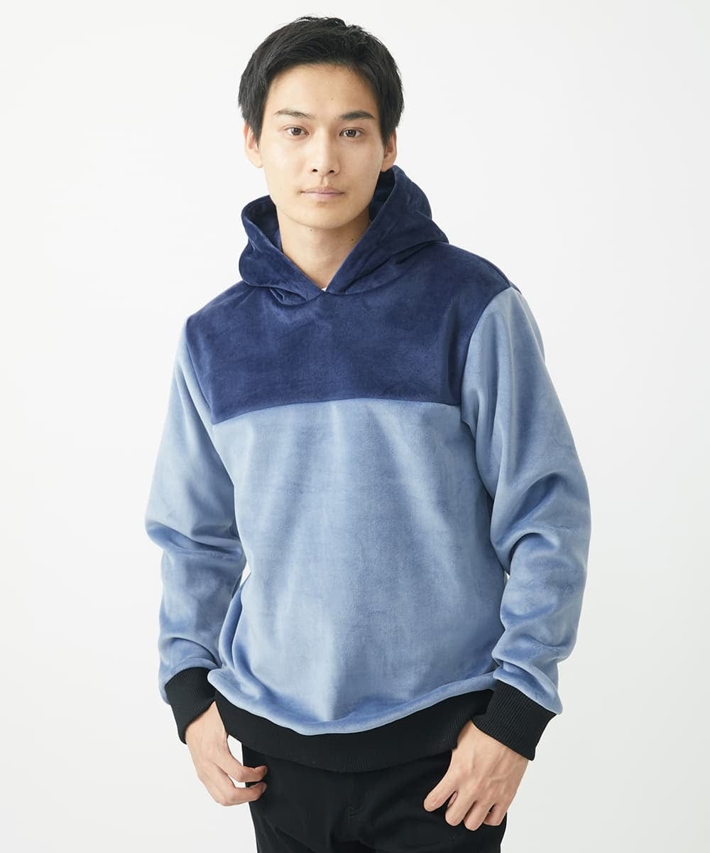 MKKAC29099 MK MICHEL KLEIN HOMME(MKミッシェルクランオム) プルオーバーパーカー/マイクロベロア  ライトブルー