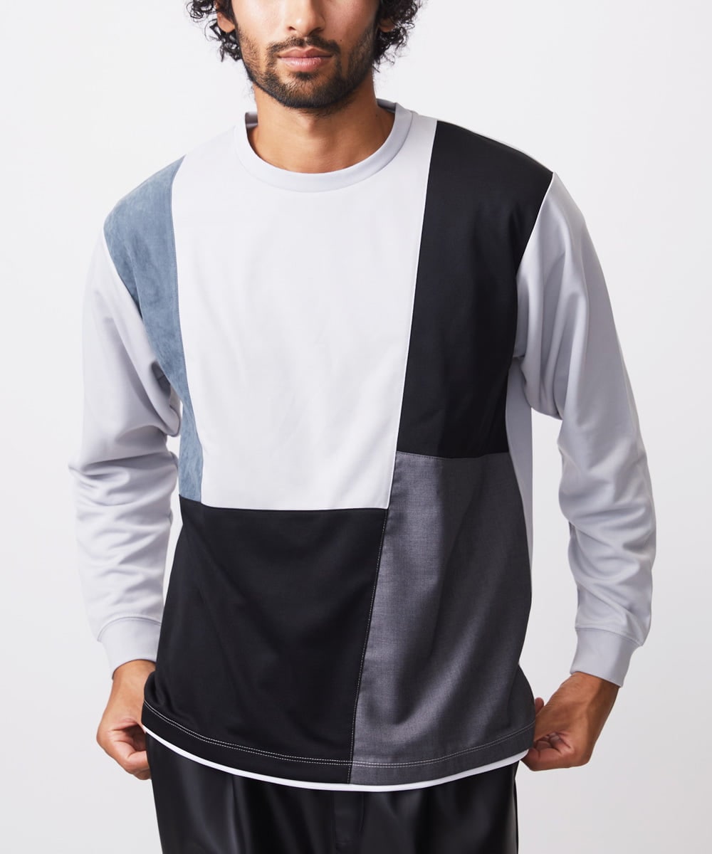 MKKAC84059 MK MICHEL KLEIN HOMME(MKミッシェルクランオム) 【残りわずか！】カットソー/リサイクルポンチ斜め切り替え ブラック