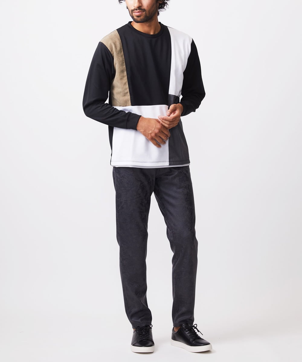 MKKAC84059 MK MICHEL KLEIN HOMME(MKミッシェルクランオム) 【残りわずか！】カットソー/リサイクルポンチ斜め切り替え ブラック