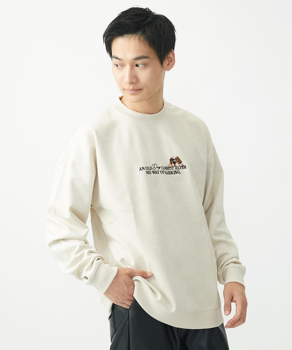 MKKAC87069 MK MICHEL KLEIN HOMME(MKミッシェルクランオム) 【残りわずか/ワンコ刺繍/男女兼用】ポンチスエード / ワンコ刺繍トレーナー アイボリー
