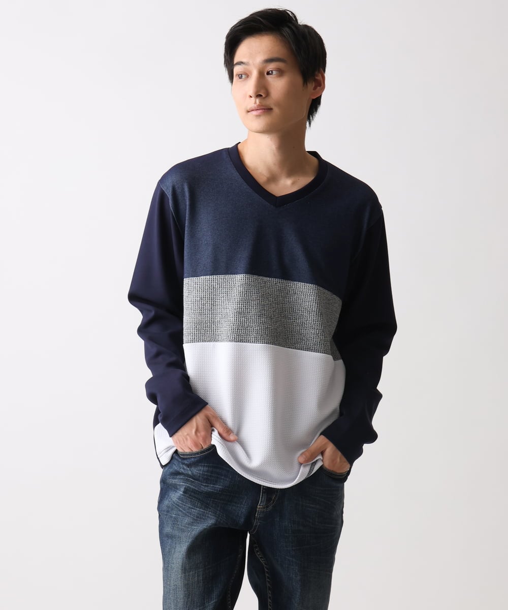 MKKDC06069 MK MICHEL KLEIN HOMME(MKミッシェルクランオム) 【洗える】パネル切替え長袖カットソー ネイビー