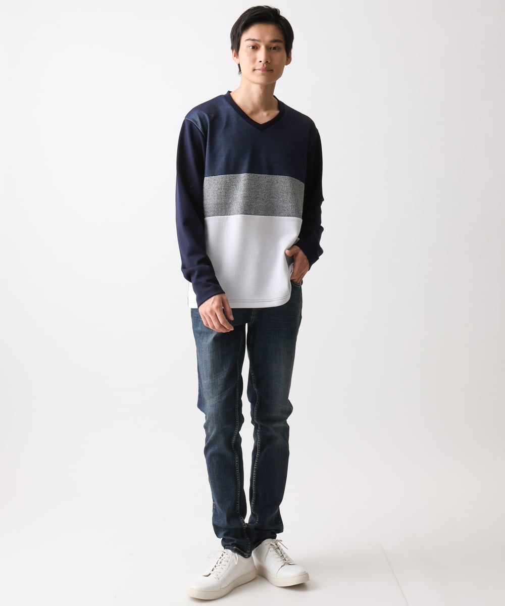 MKKDC06069 MK MICHEL KLEIN HOMME(MKミッシェルクランオム) 【洗える】パネル切替え長袖カットソー ネイビー