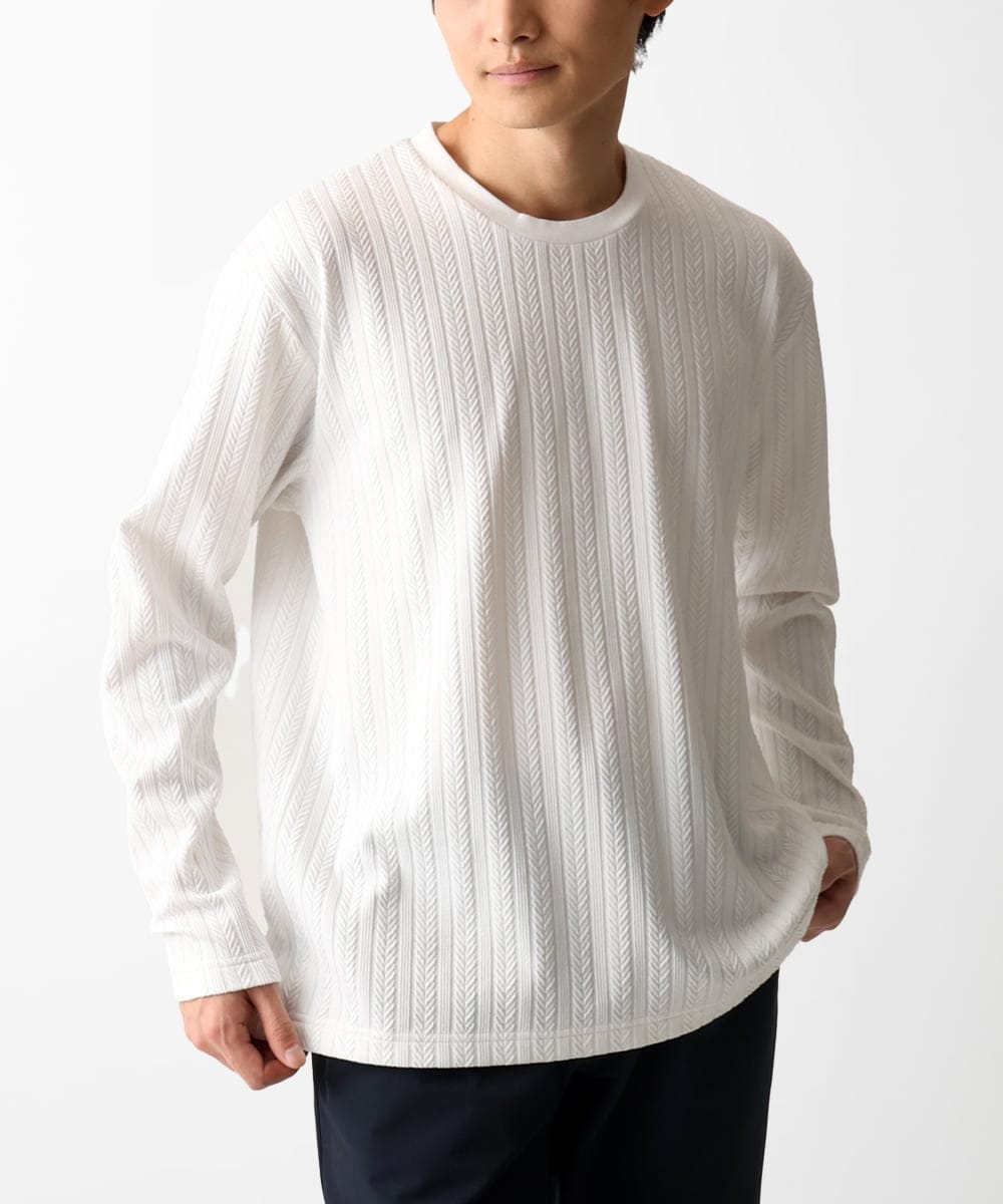 MKKDC07063 MK MICHEL KLEIN HOMME(MKミッシェルクランオム) 【洗える】ヘリンボーン柄長袖カットソー ホワイト