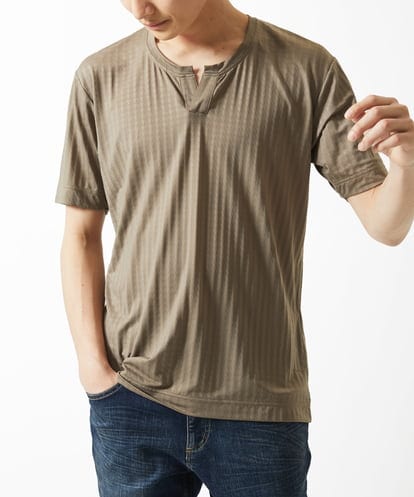 MKKGA58050  【接触冷感 / ひんやり】スキッパーネックTシャツ / チドリウエーブジャガード