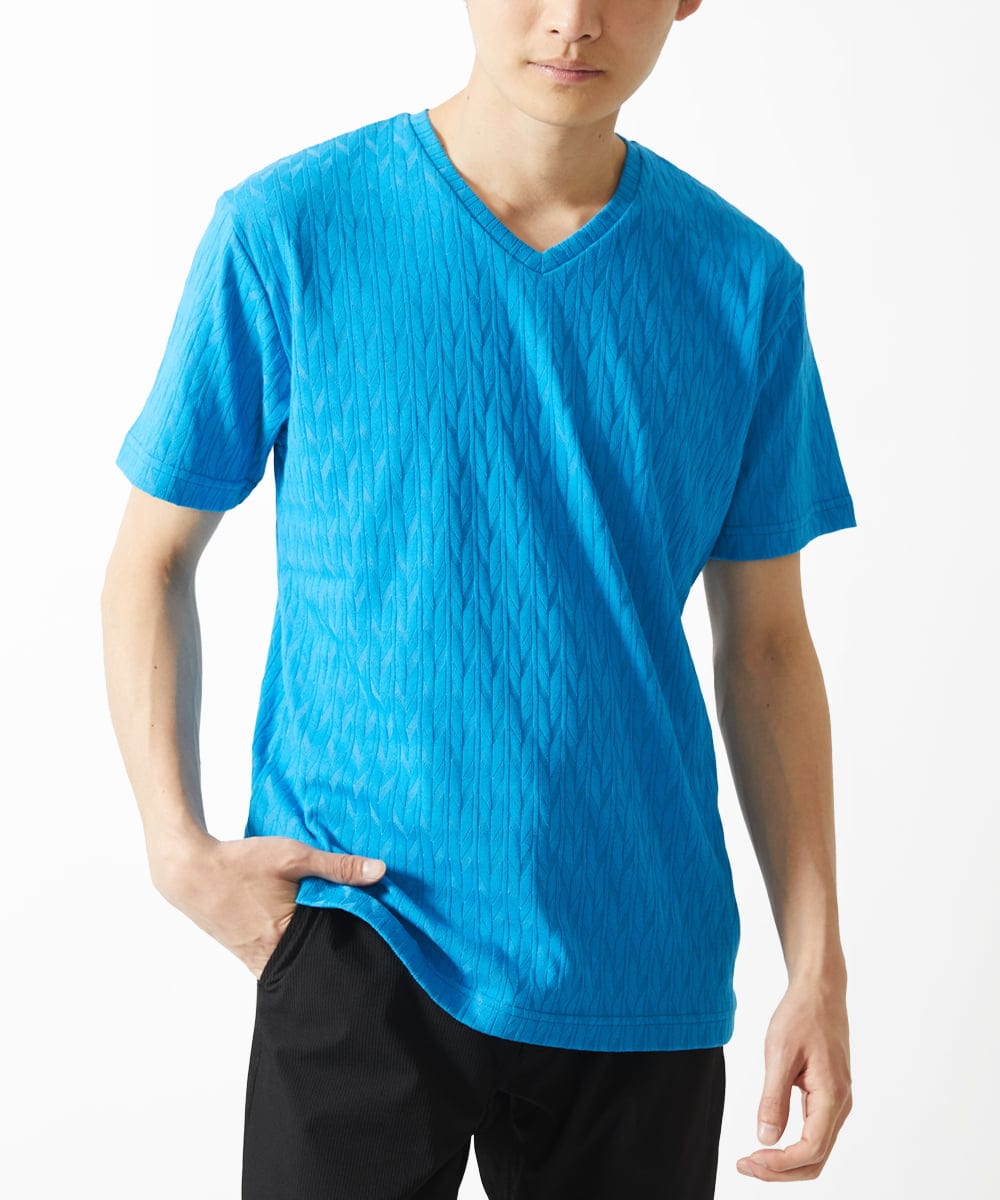 MKKGA70059 MK MICHEL KLEIN HOMME(MKミッシェルクランオム) 【洗える】へリンボンVネック半袖Tシャツ ブルー(55)