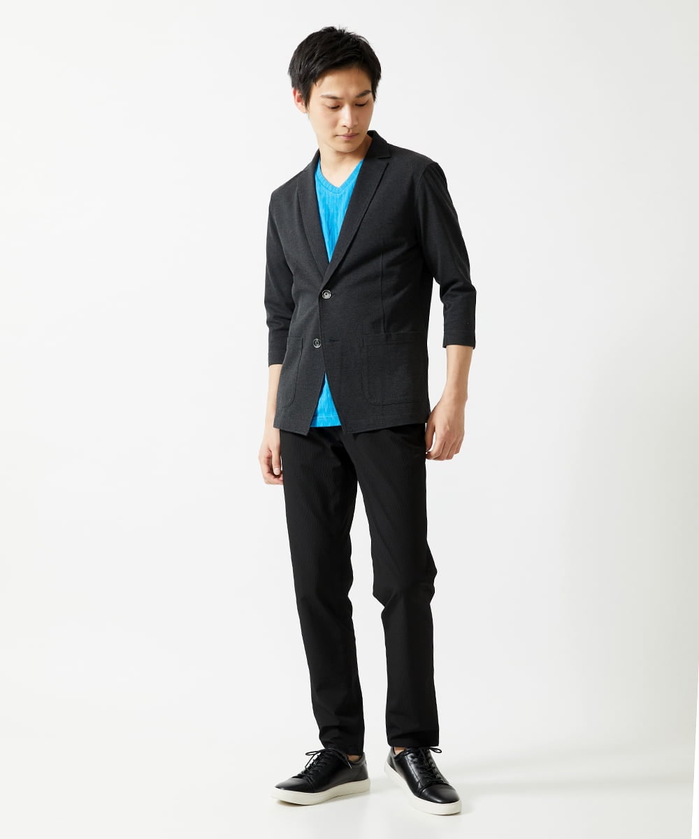 MKKGA70059 MK MICHEL KLEIN HOMME(MKミッシェルクランオム) 【洗える】へリンボンVネック半袖Tシャツ ブルー(55)