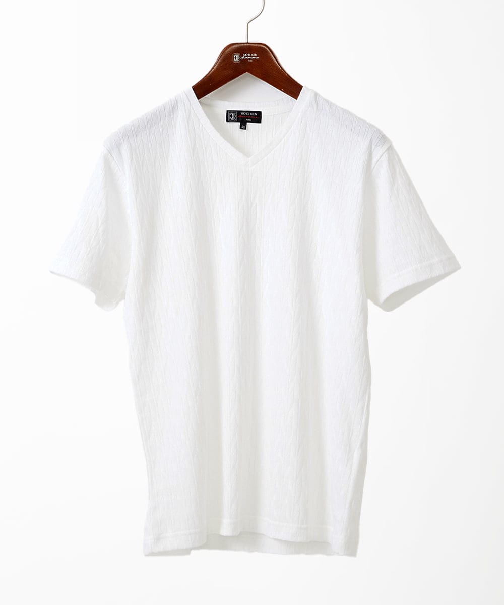 MKKGA70059 MK MICHEL KLEIN HOMME(MKミッシェルクランオム) 【洗える】へリンボンVネック半袖Tシャツ ホワイト(90)
