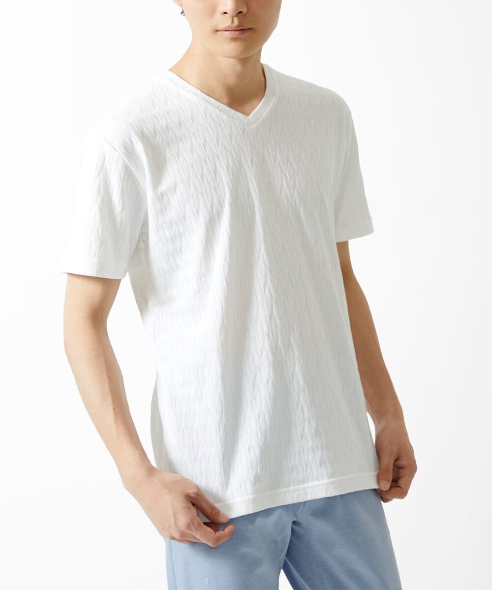 MKKGA70059 MK MICHEL KLEIN HOMME(MKミッシェルクランオム) 【洗える】へリンボンVネック半袖Tシャツ ホワイト(90)