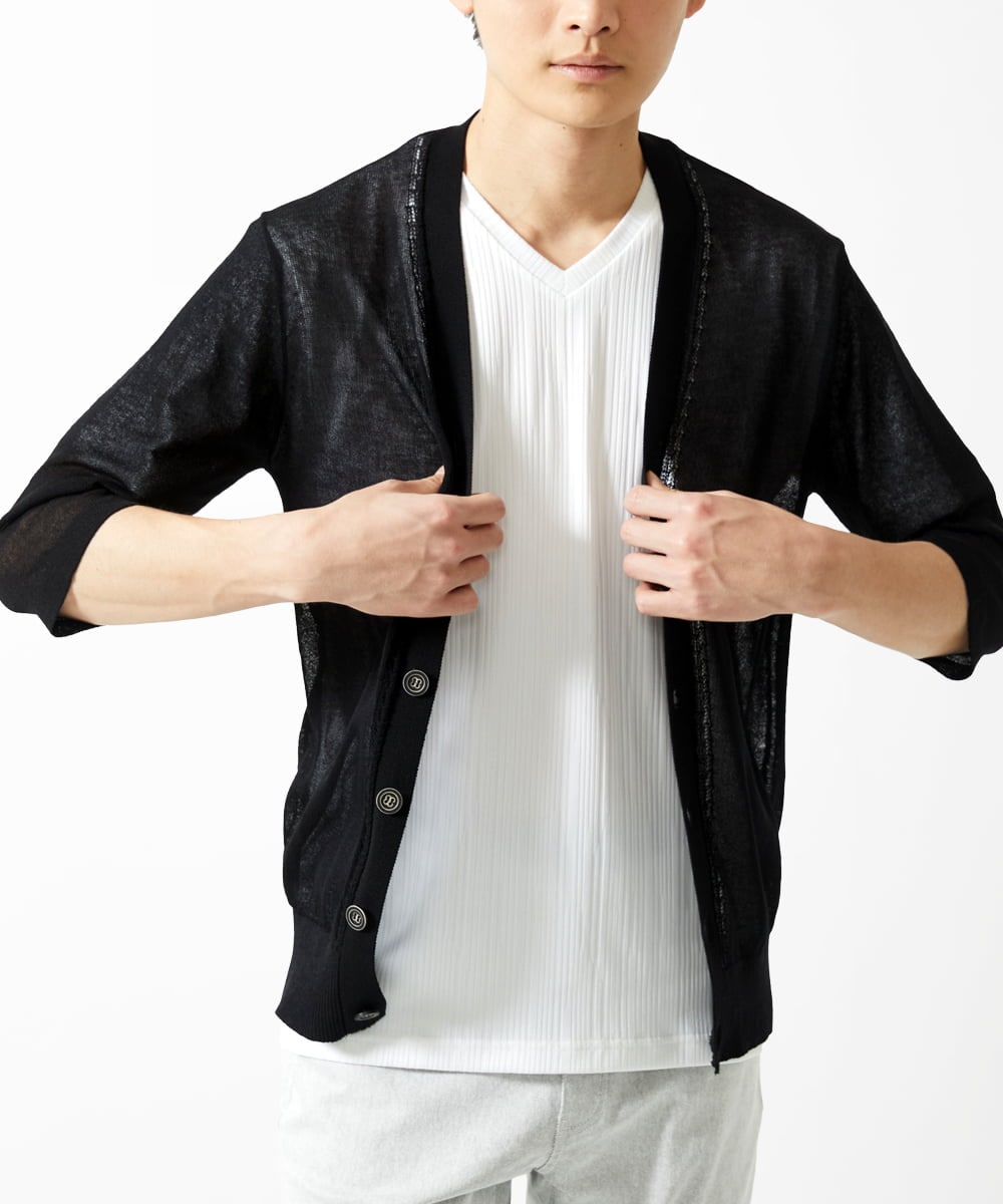 MKKGA72079 MK MICHEL KLEIN HOMME(MKミッシェルクランオム) ストライプ柄VネックTシャツ ホワイト(90)