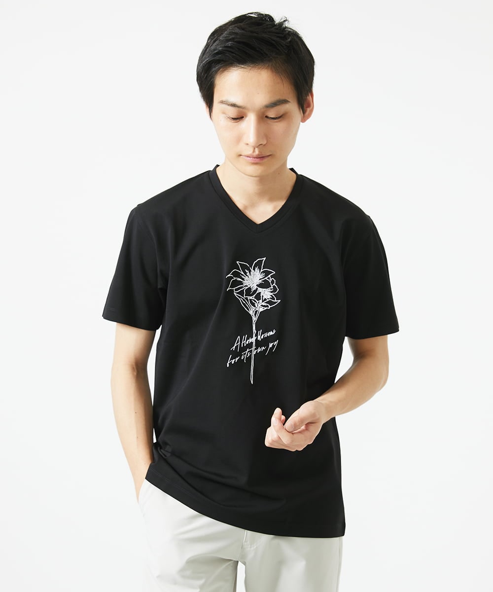 MKKGC10063 MK MICHEL KLEIN HOMME(MKミッシェルクランオム) 【洗える】フラワー刺繍VネックTシャツ ブラック