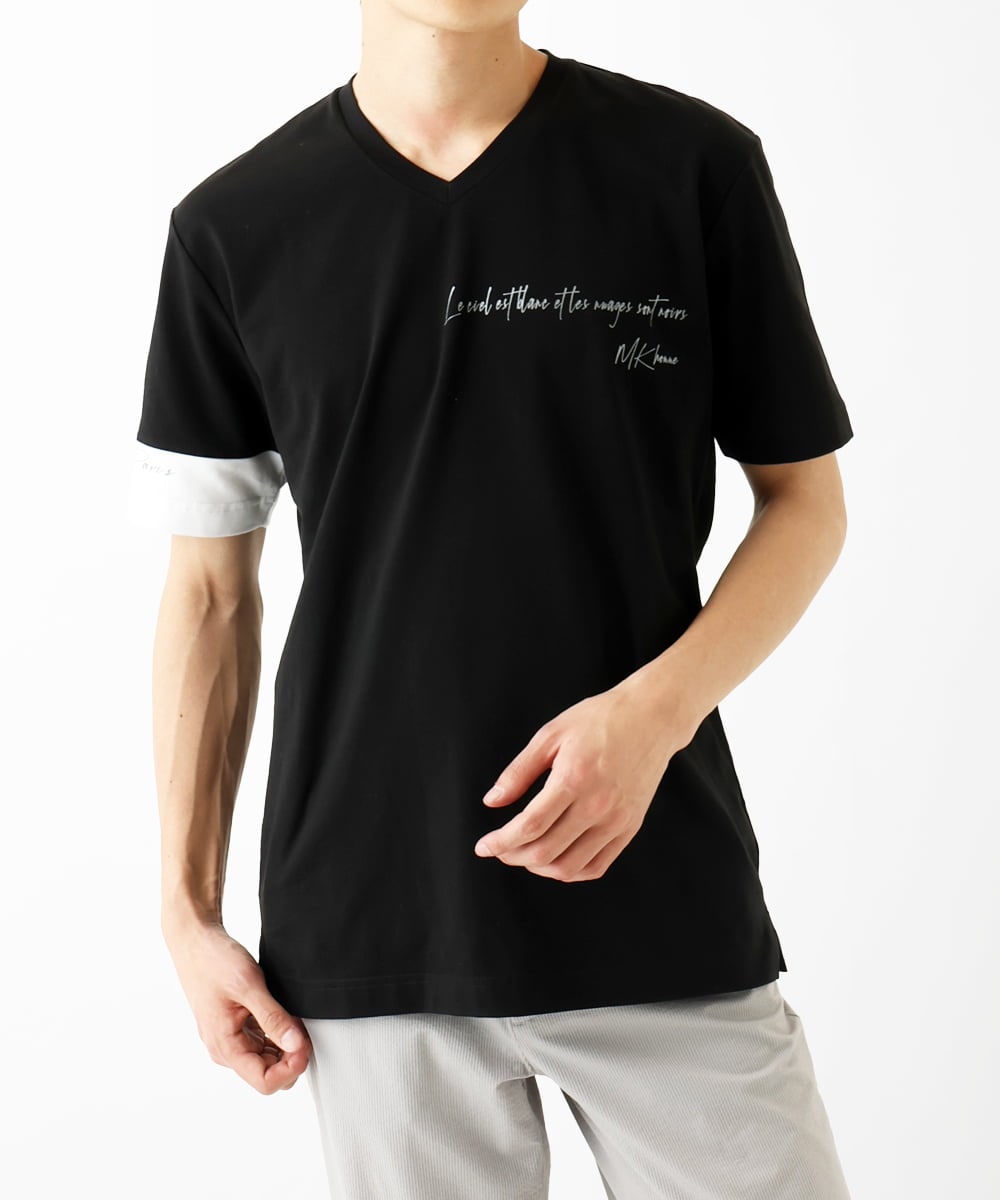 MKKGC21069 MK MICHEL KLEIN HOMME(MKミッシェルクランオム) 【残りわずか】【洗える】アシメトリープリントＴシャツ ブラック