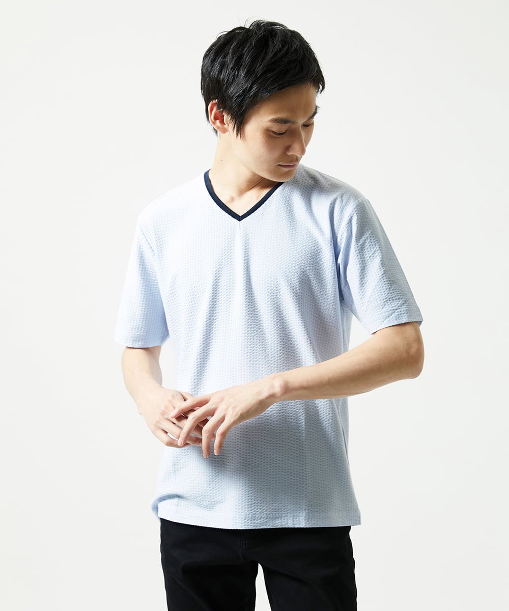 MKKGC31069 MK MICHEL KLEIN HOMME(MKミッシェルクランオム) 【洗える・サッカー素材】Vネックカットソー ライトブルー