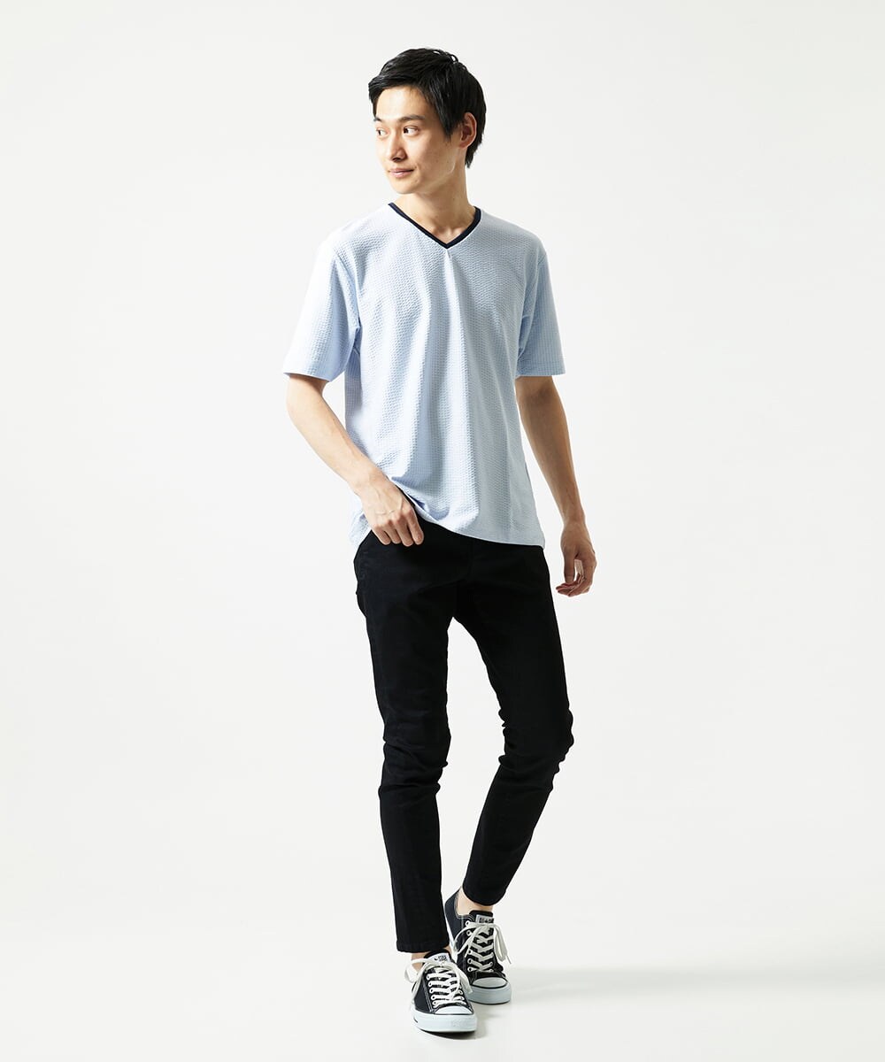 MKKGC31069 MK MICHEL KLEIN HOMME(MKミッシェルクランオム) 【洗える・サッカー素材】Vネックカットソー ライトブルー