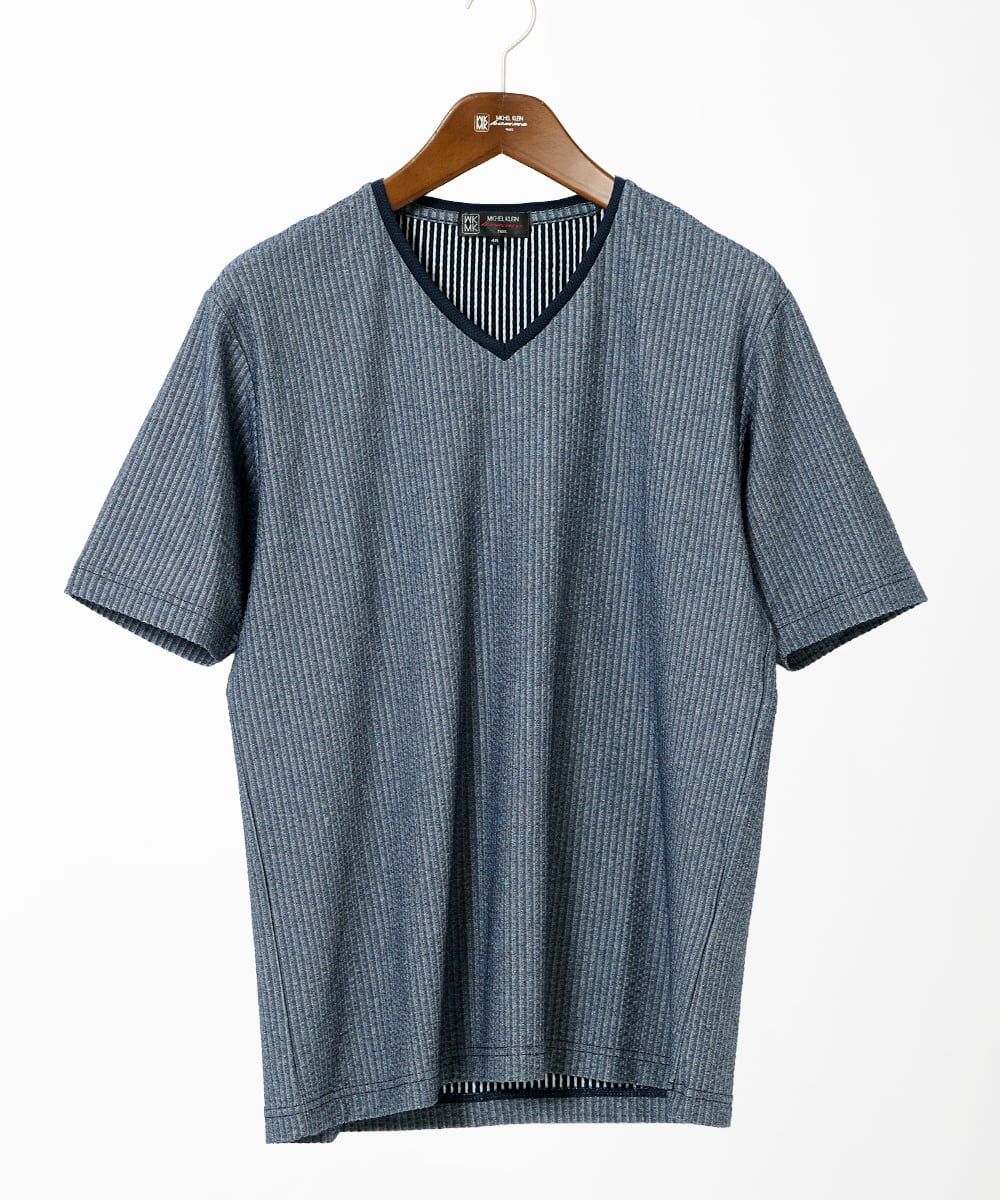 MKKGC31069 MK MICHEL KLEIN HOMME(MKミッシェルクランオム) 【洗える・サッカー素材】Vネックカットソー ブルー