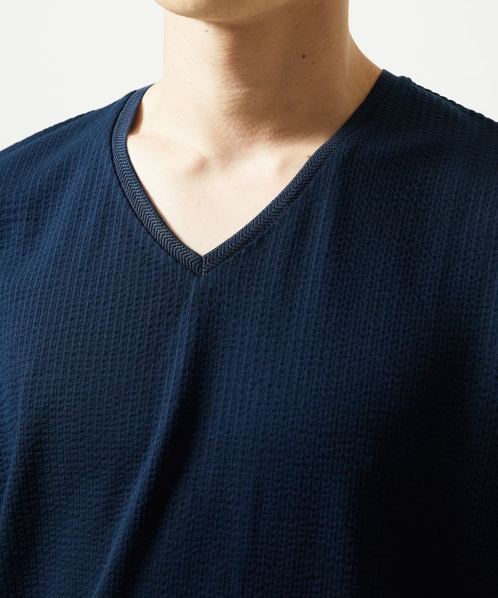 MKKGC31069 MK MICHEL KLEIN HOMME(MKミッシェルクランオム) 【洗える・サッカー素材】Vネックカットソー ネイビー